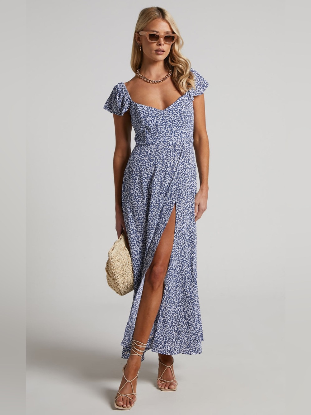 SHOWPO donissa Midi Dress Thigh Split Flutter Sleeve Dress Blue White Floral 8